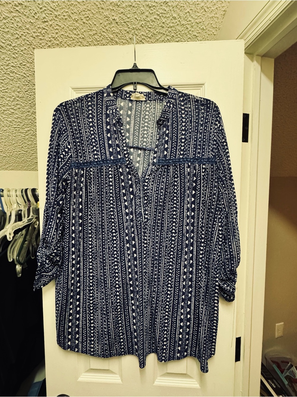 Siren Lily Navy and White Printed Sheer Henley Blouse